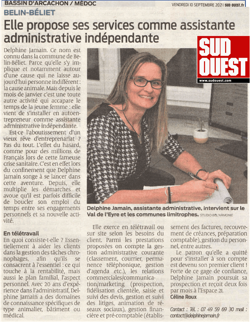 Article SUD OUEST du 10 Sept 2021